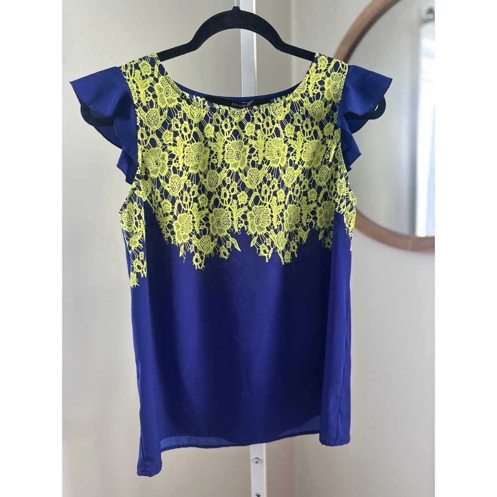 Kensie Womens Blue Neon Yellow Lace Flutter Sleeve Blouse Top M, Colorful